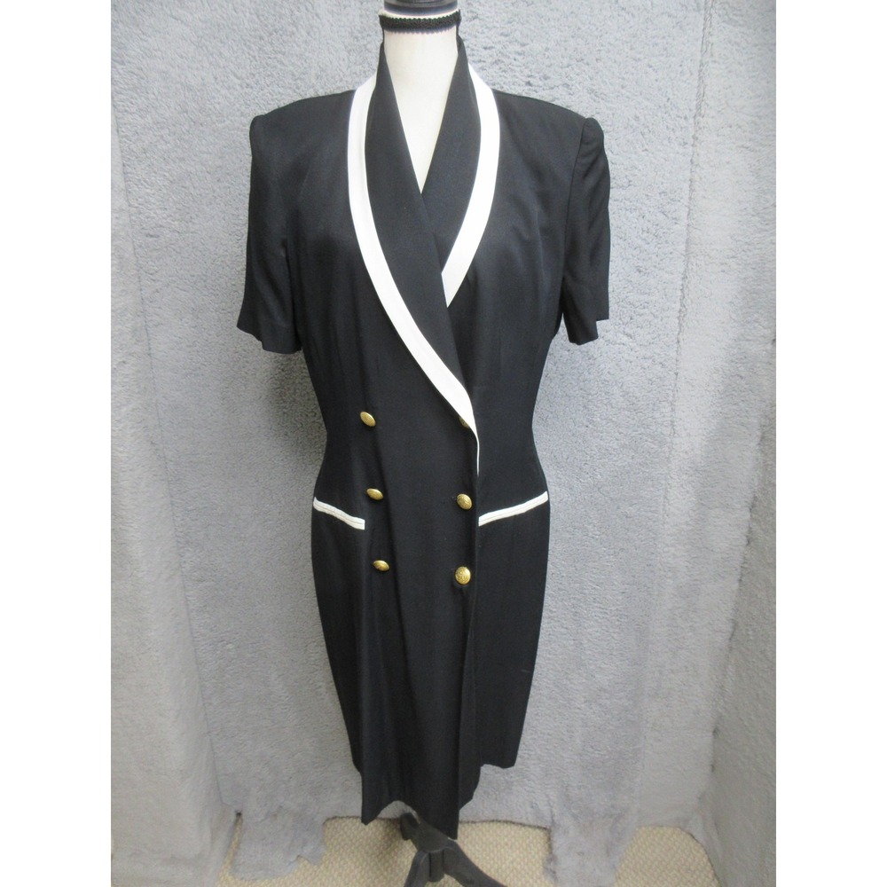 Vintage 80s Blazer Dress Women 12 Black Cream Nautical Gold Buttons Old Money